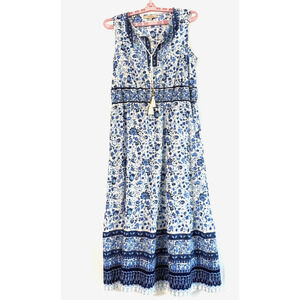 Casa Cabana Blue M Maxi Dress Sleeveless Chinoiserie Coastal Beach Cotton floral